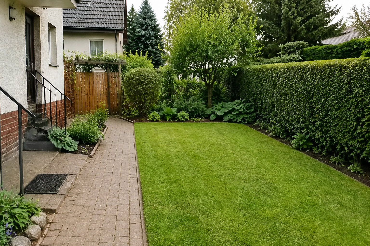 Beispielhaft gepflegter Garten mit geschnittenem Rasen und Hecke